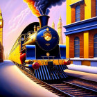 Blue vintage steam locomotive on railroad tracks near yellow buildings with Big Ben.