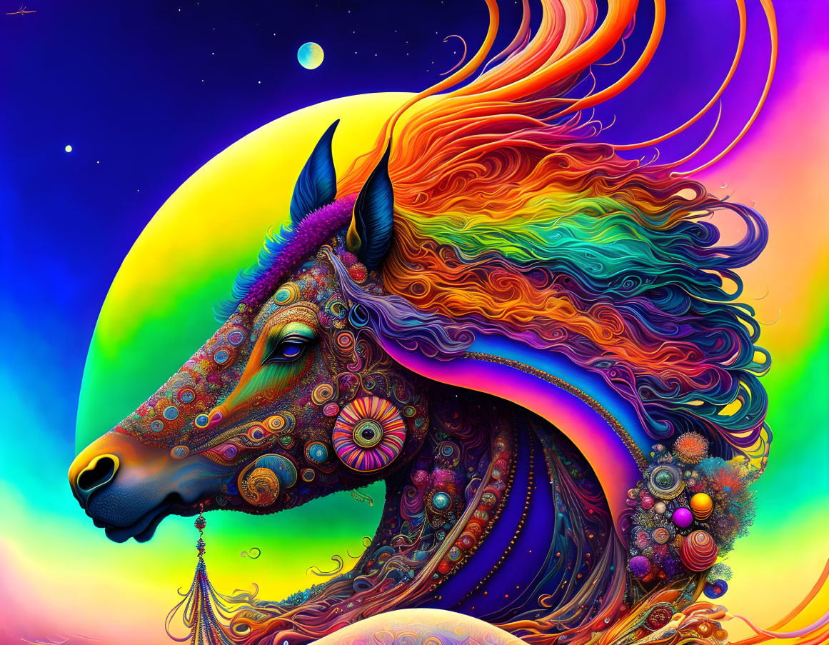 Colorful Psychedelic Horse Artwork with Rainbow Mane on Cosmic Background