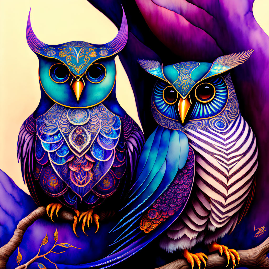 Colorful Stylized Owls Perched on Branches