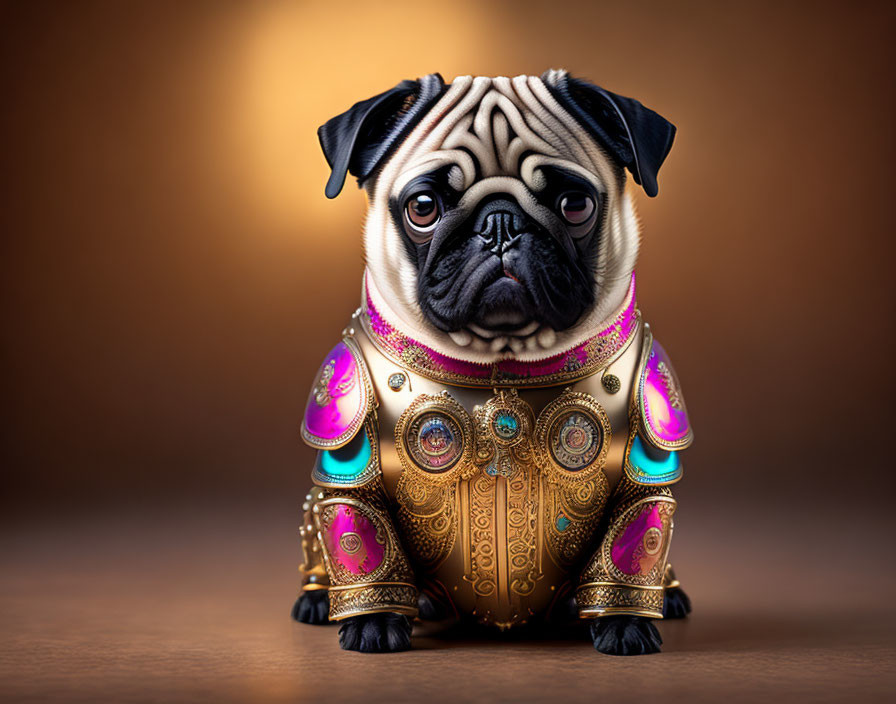 Pug Dog in Golden Armor with Purple Accents on Brown Background