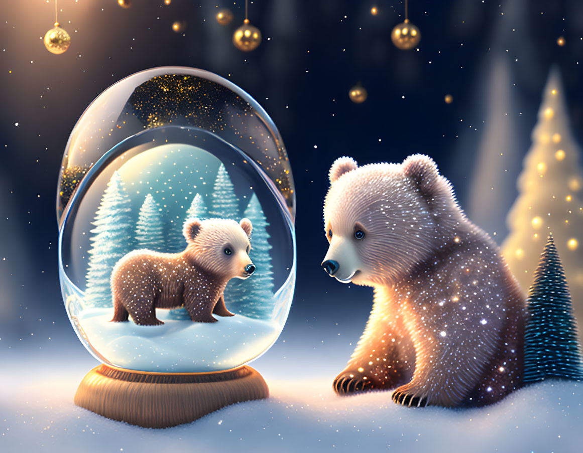 Digital illustration of small bear in snow globe observed by larger bear in wintry setting