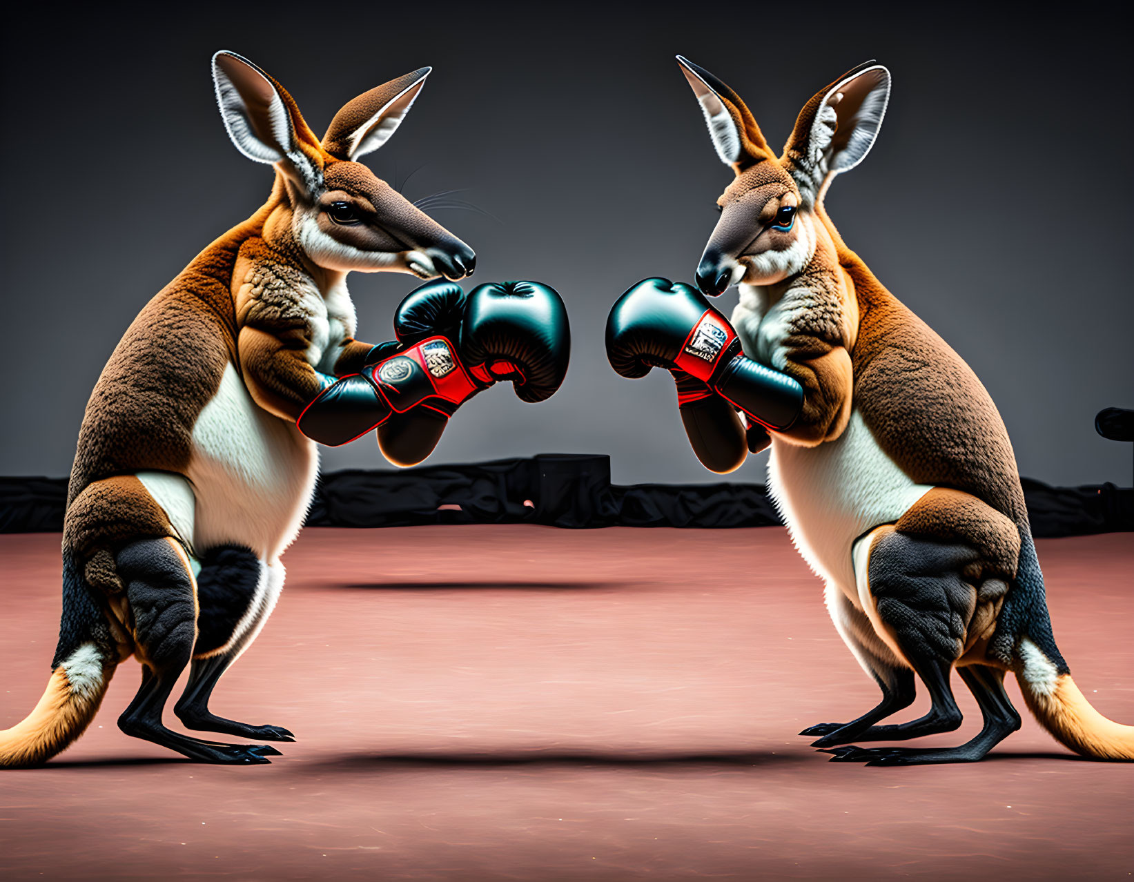 Kangaroos in boxing pose with dark background