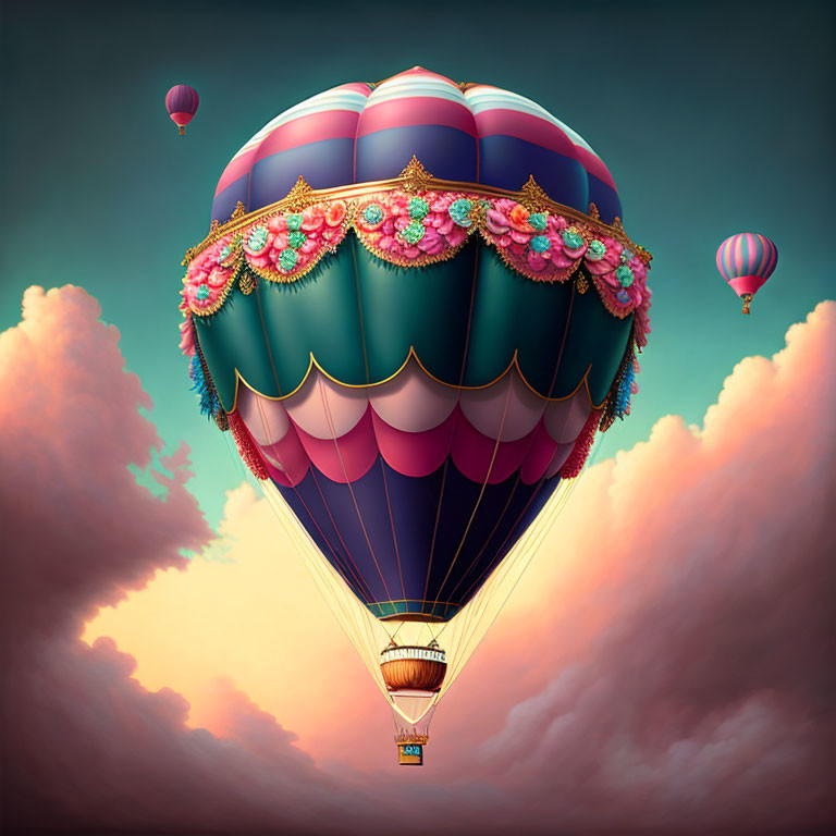 Colorful hot air balloon with floral decorations in sunset sky