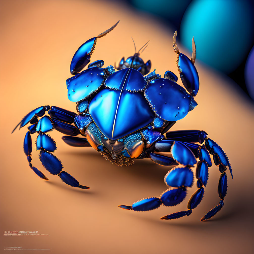 Colorful digital illustration of a glossy blue crab on warm beige background