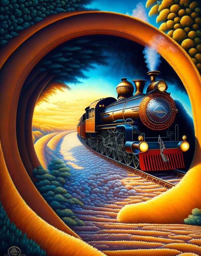 Vintage steam train emerges from tunnel into vibrant landscape with sunset sky.