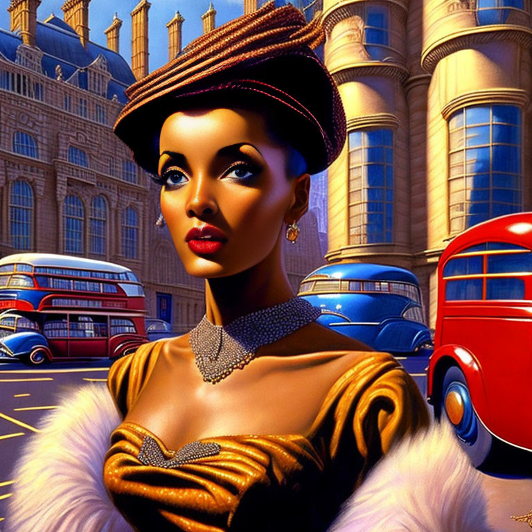 Vintage Glamorous Woman with Red Buses and Classic Architecture