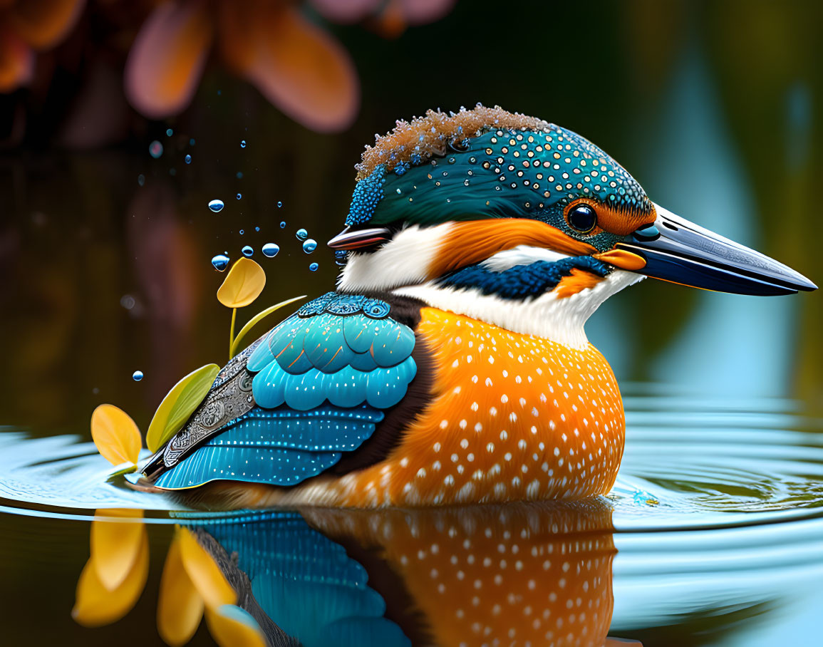 Vibrant kingfisher bird in tranquil water with reflections