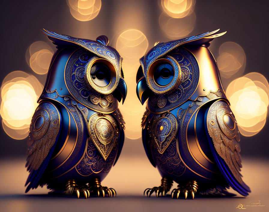 Intricate Gold and Blue Mechanical Owls on Bokeh Background