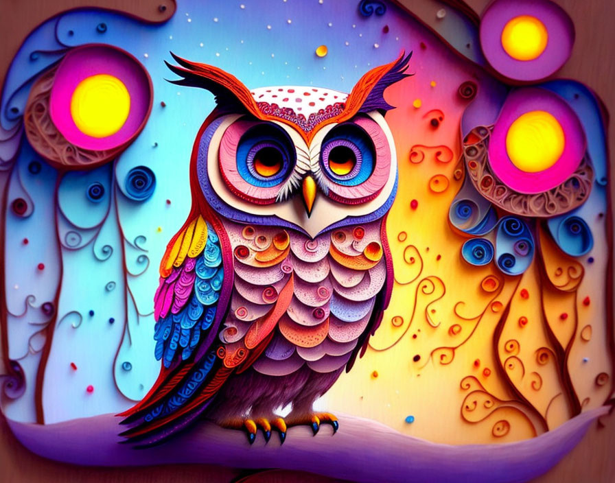 Colorful Stylized Owl on Branch with Swirls and Sun-like Orbs