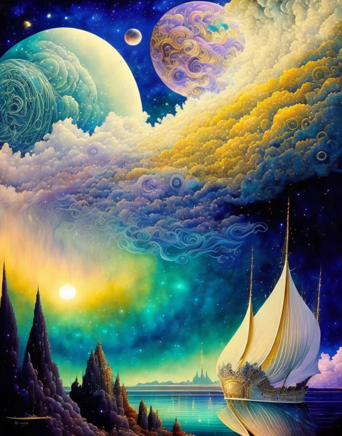 Surreal landscape with sailboat, hills, and multiple moons