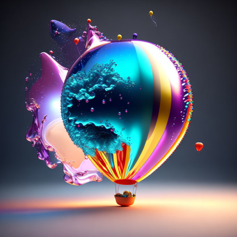 Colorful Hot Air Balloon Artwork with Liquid Splash and Textured Effects