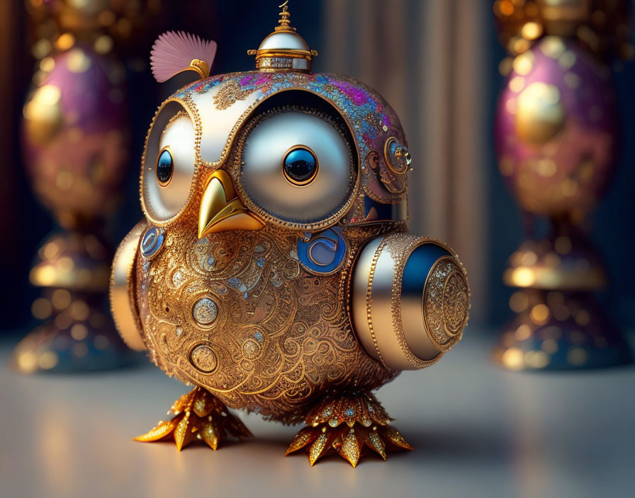 Metallic Owl Statue with Intricate Designs and Golden Accents on Blurred Background