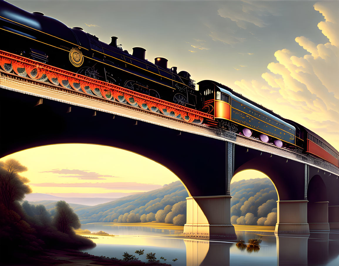 Vintage steam train crossing bridge over tranquil river at sunset