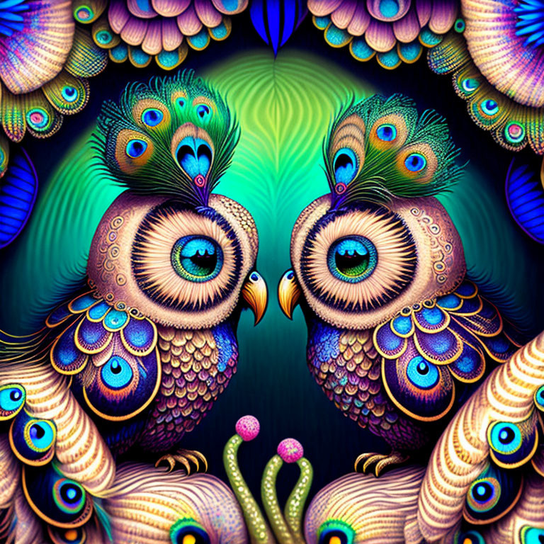 Stylized peacocks with vibrant blue plumage and ornate eye patterns on colorful background