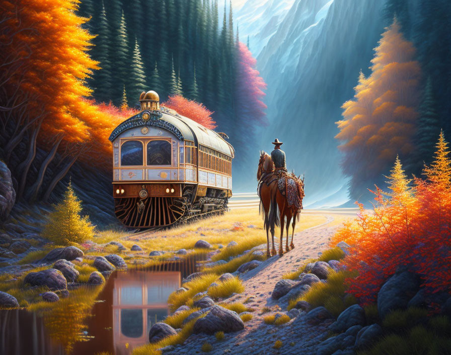 Cowboy on horseback watching vintage train in autumn forest with orange trees, water, and mountains.