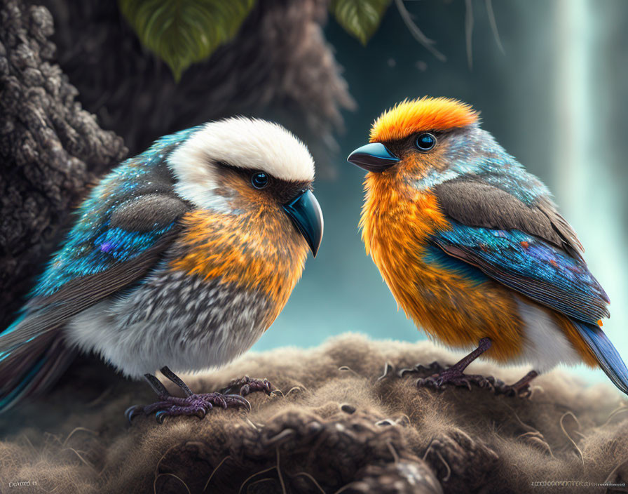 Colorful Digital Art Birds Perched on Branch in Forest Setting