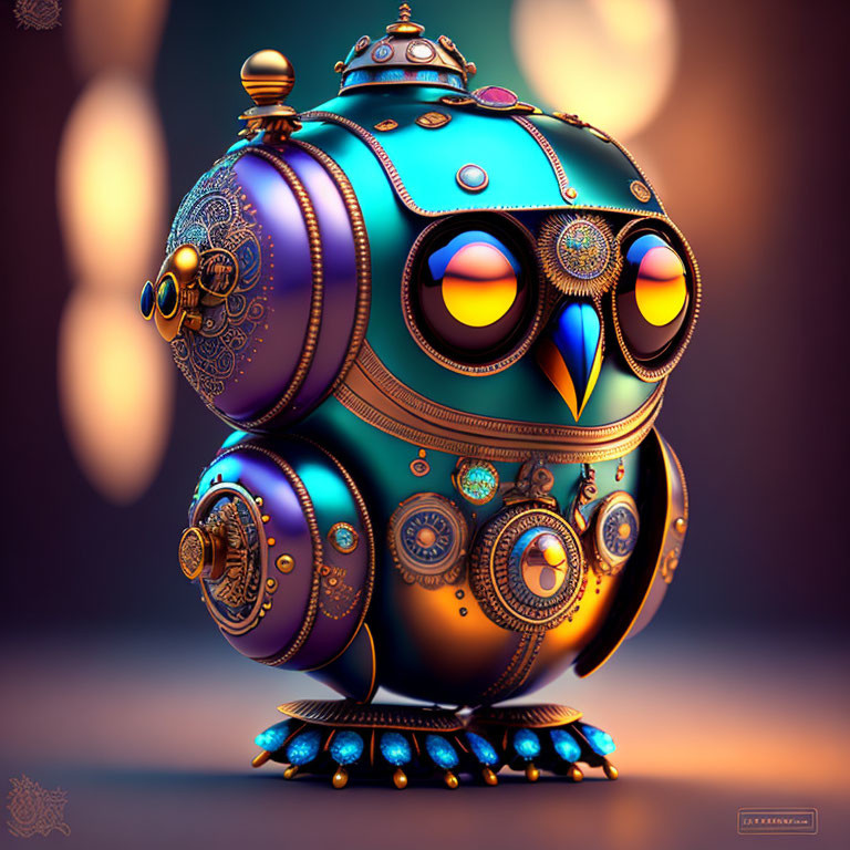 Detailed 3D steampunk mechanical owl with intricate gear designs in warm glow