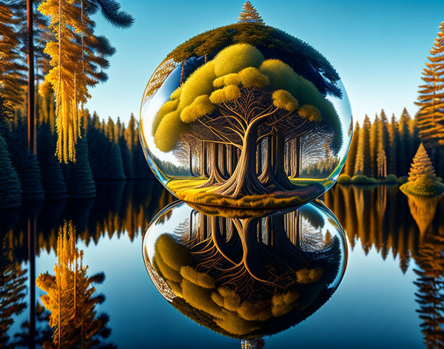 Vibrant tree reflected in spherical crystal in tranquil forest