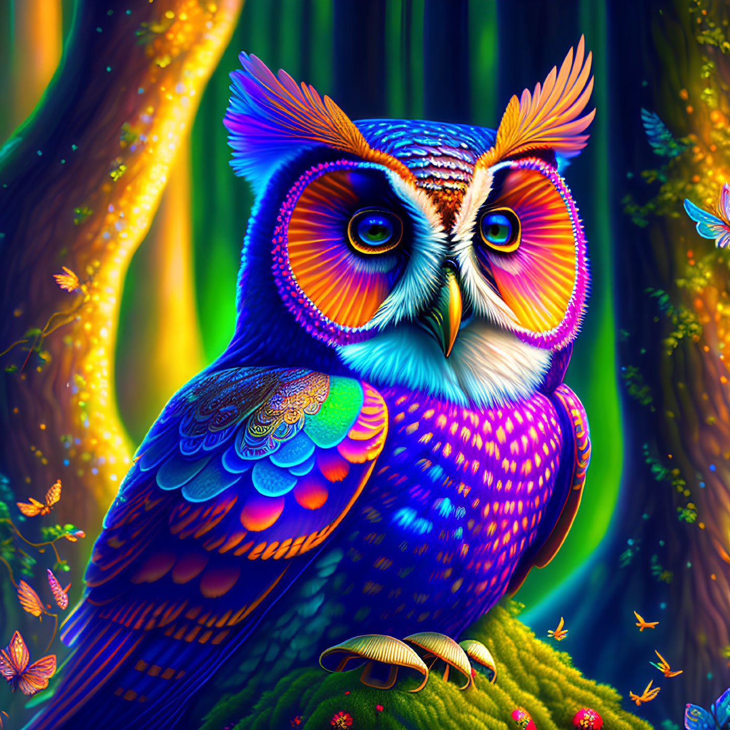 Vibrant owl illustration with intricate patterns in whimsical forest scene