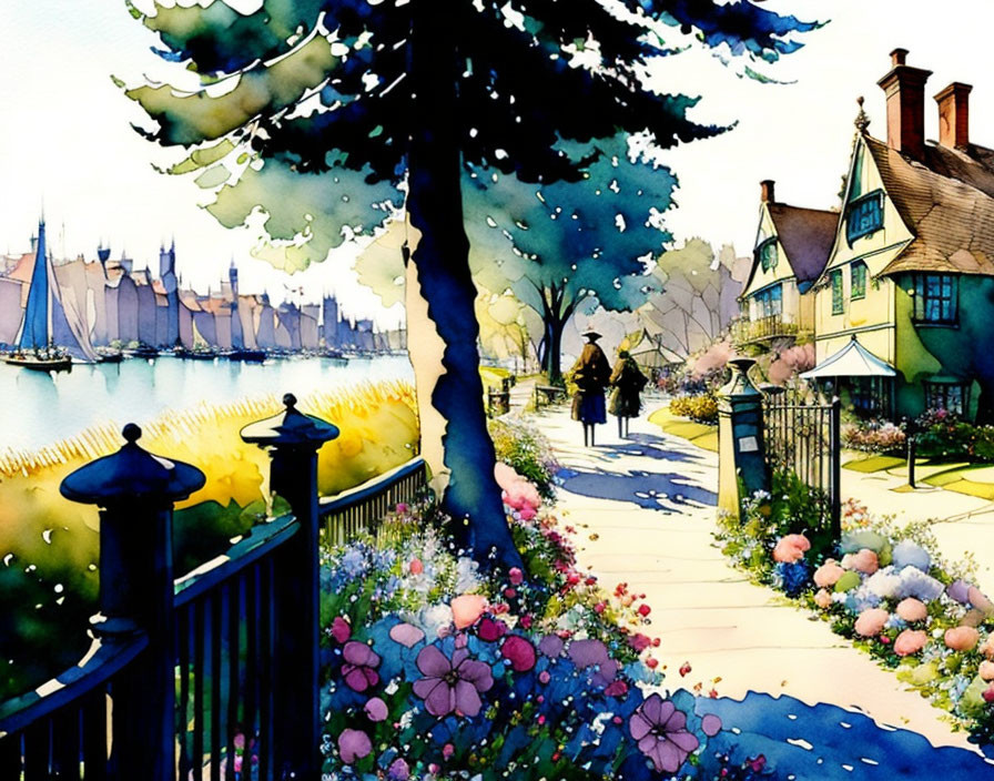 Vibrant watercolor painting of scenic pathway and sailboats