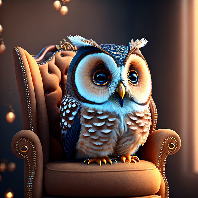 Stylized animated owl in graduation cap on armchair with warm glowing lights