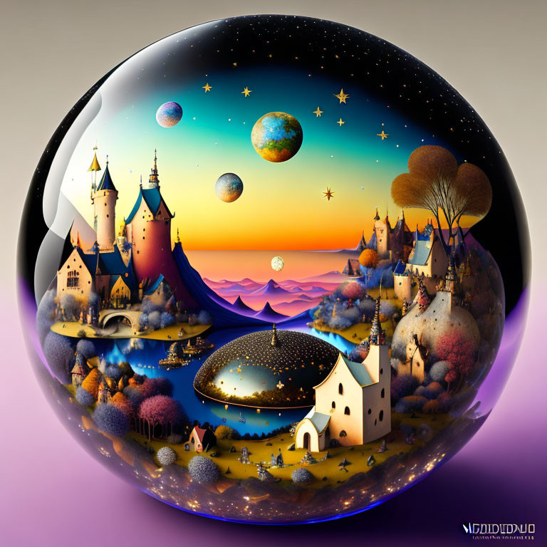 Fantasy landscape with castles, trees, planets, and vibrant colors