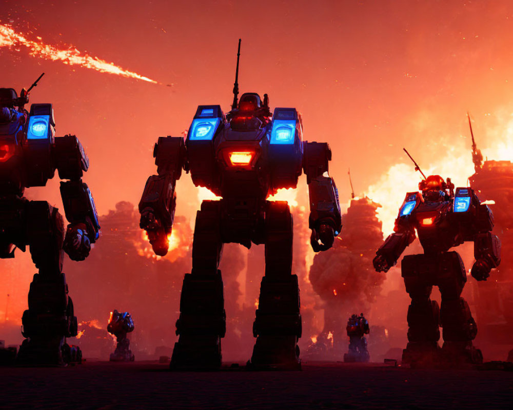 Glowing blue light robots on war-torn battlefield under red sky