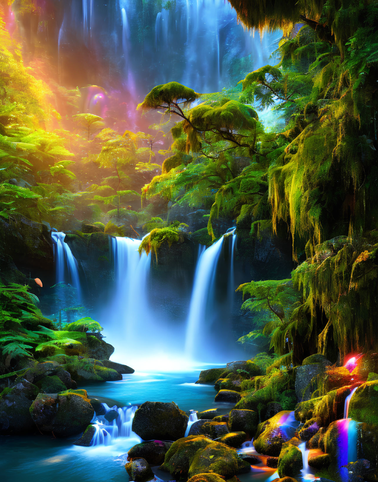 Lush Forest Scene with Waterfall and Sunbeams