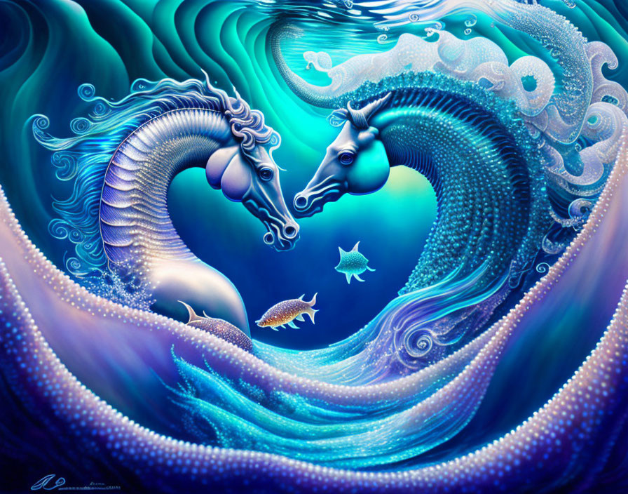 Vibrant underwater scene with stylized seahorses and fish