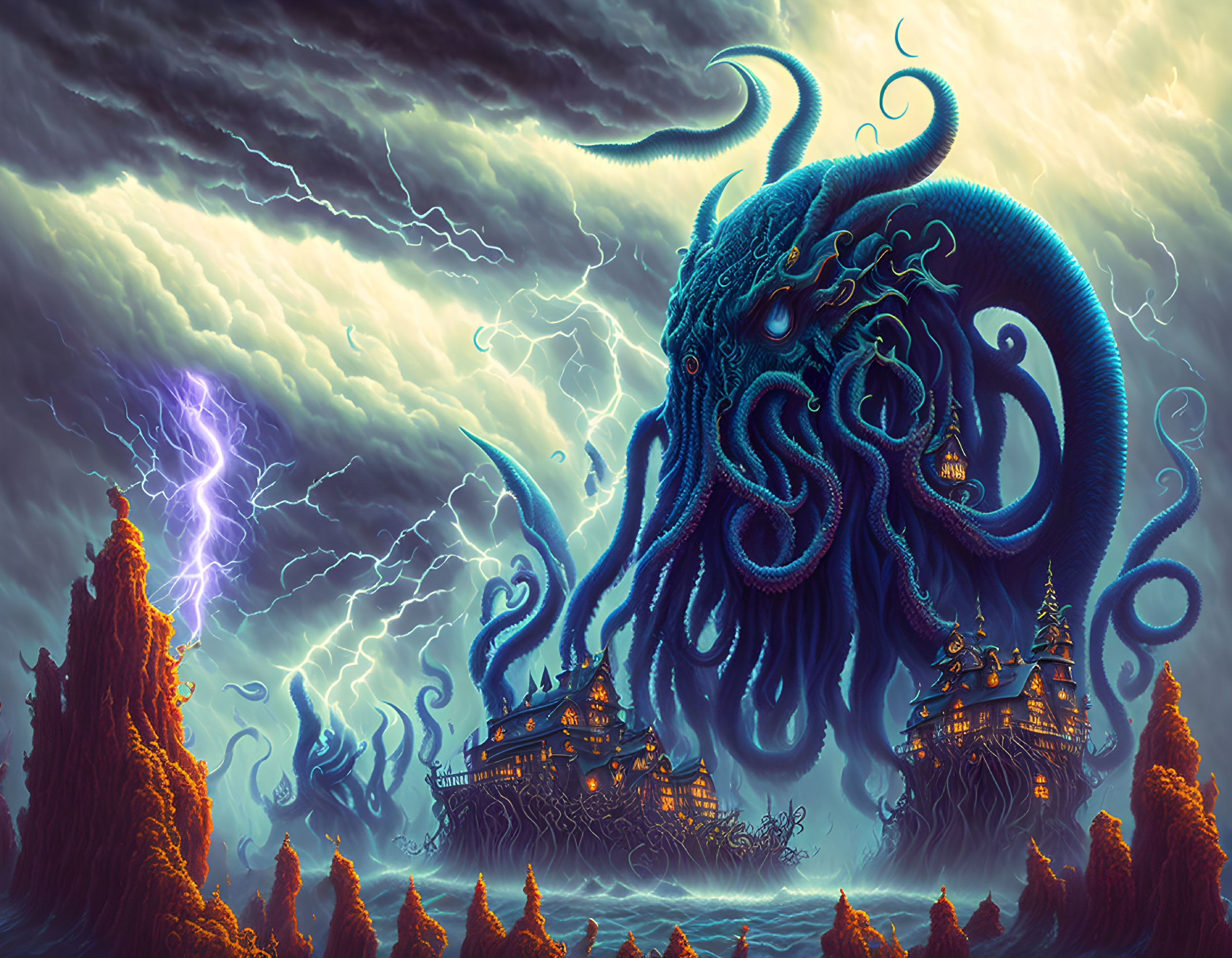 Surreal artwork: Giant octopus with cities on tentacles in stormy sky