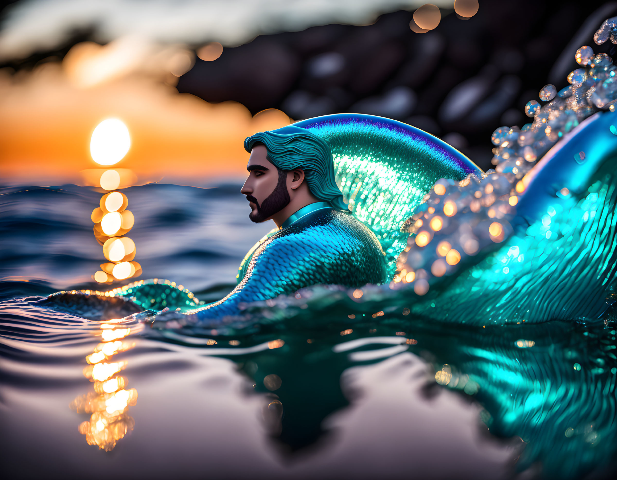 Stylized merman with turquoise tail in ocean sunset.