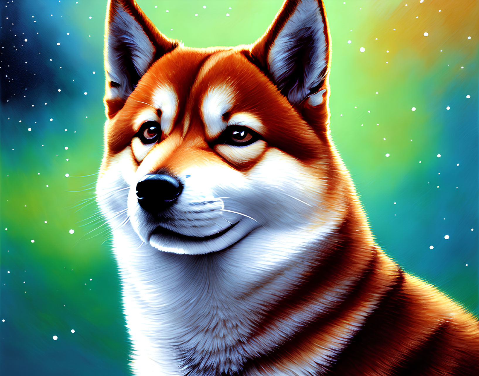 Colorful Shiba Inu digital art with detailed fur texture on starry background