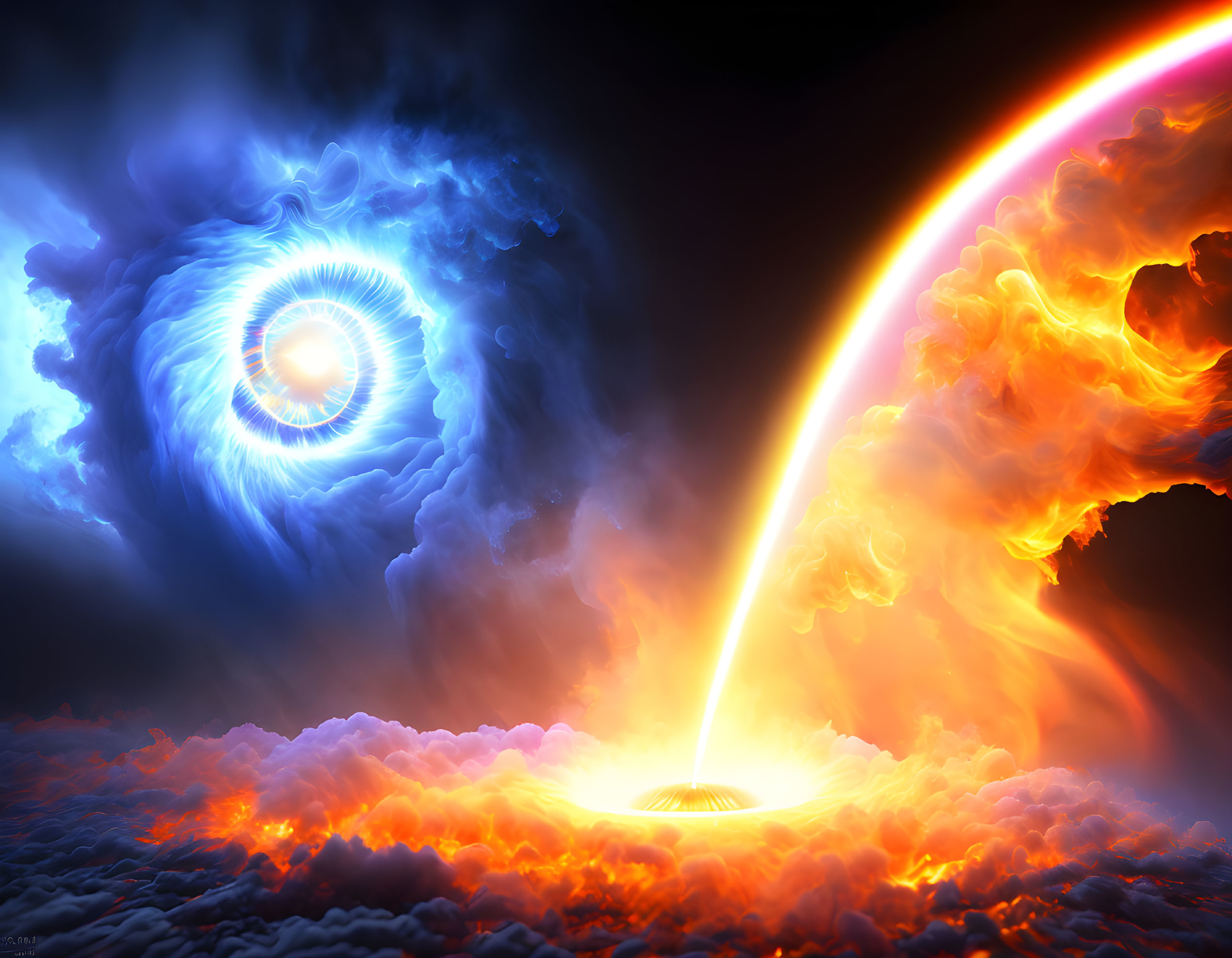 Colorful cosmic scene: orange beam collides with blue galaxy in vibrant space setting