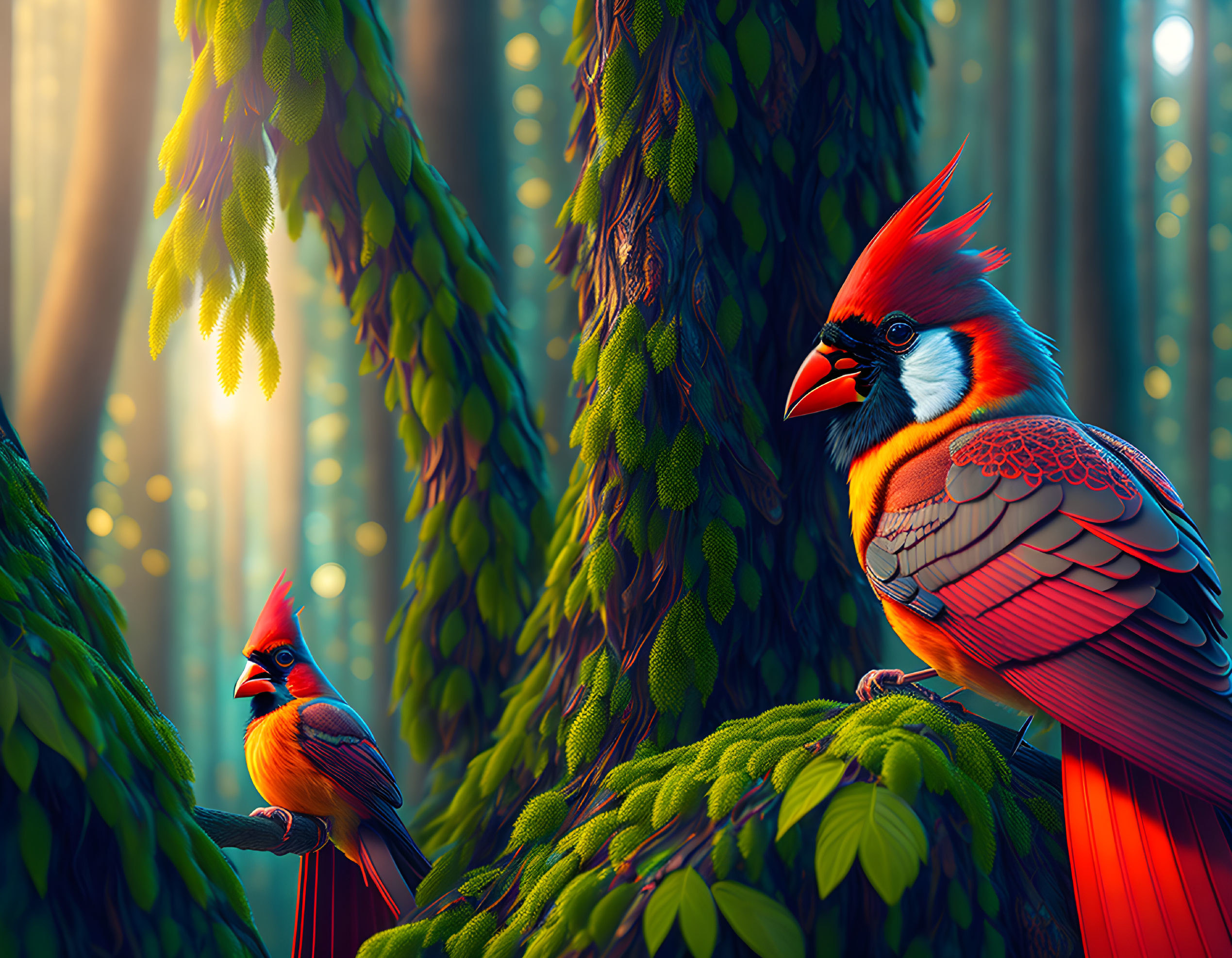 Two Red Cardinals on Branches in Sunlit Forest