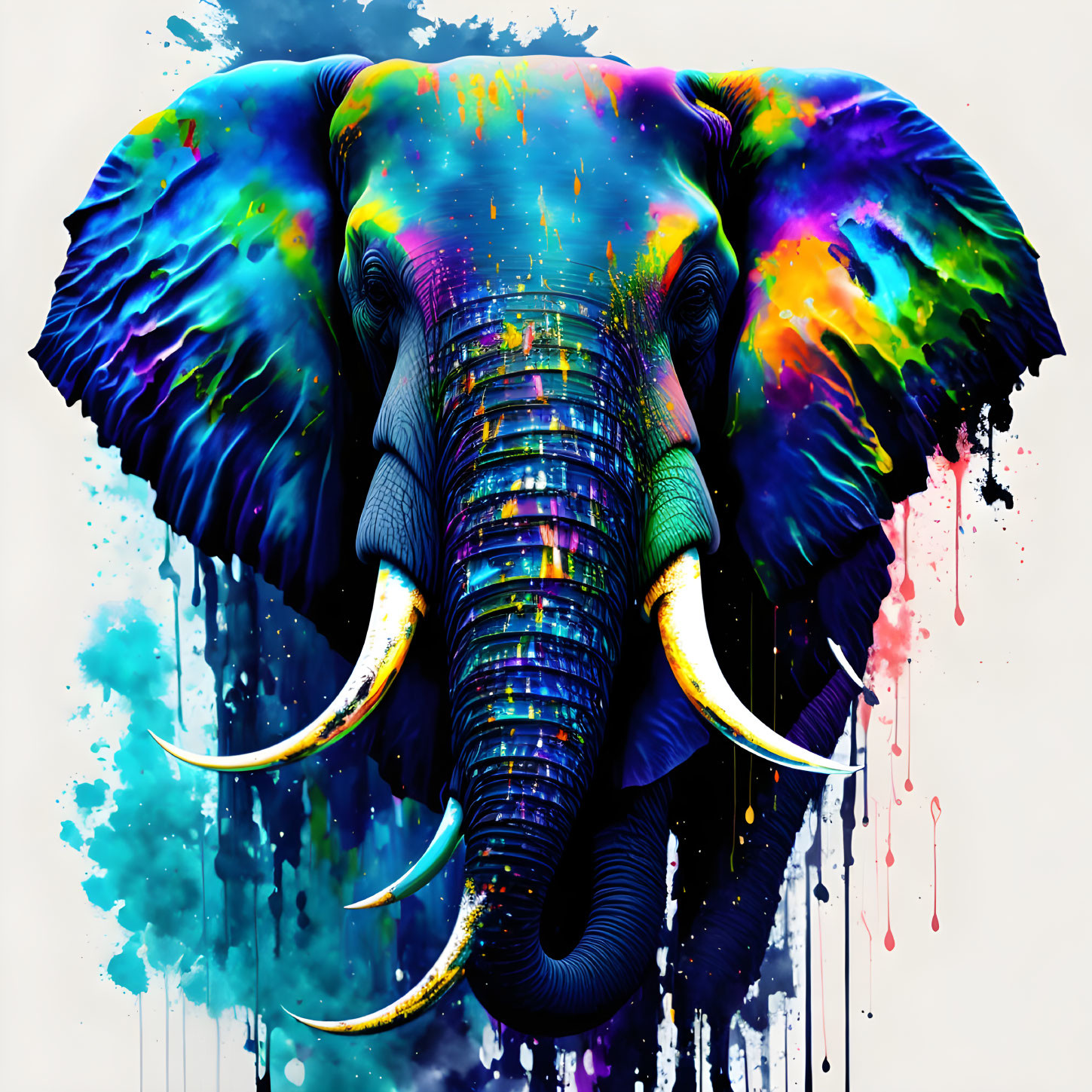 Vibrant multicolored elephant painting with splash art effect