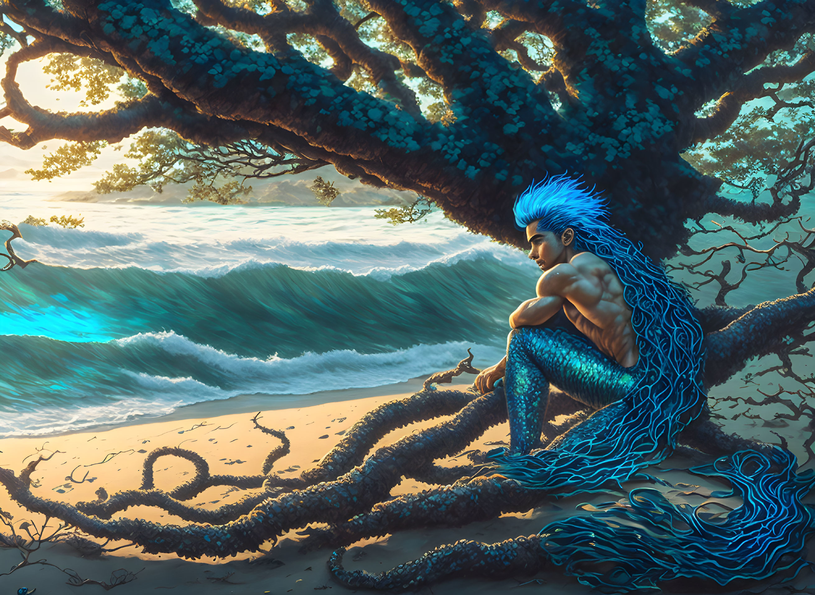 Blue-skinned mythical being observing ocean waves at sunset under tree roots