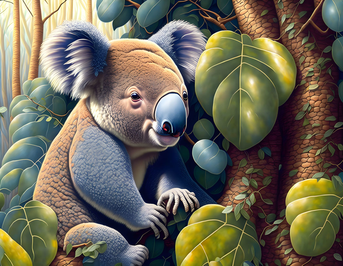 Detailed Koala Illustration in Eucalyptus Tree with Green Leaves