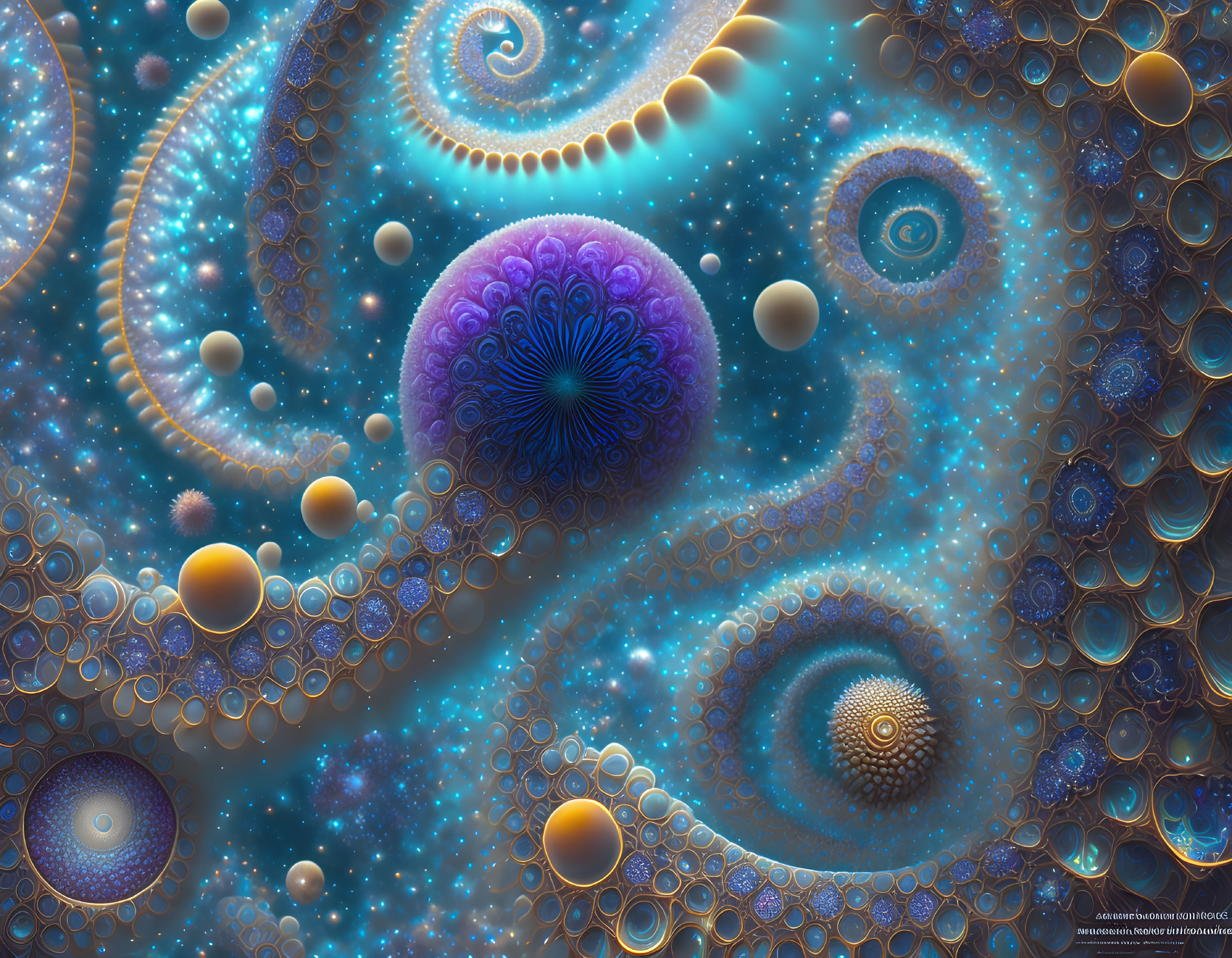 Colorful Fractal Image with Spirals and Spheres in Blue, Gold, and Purple