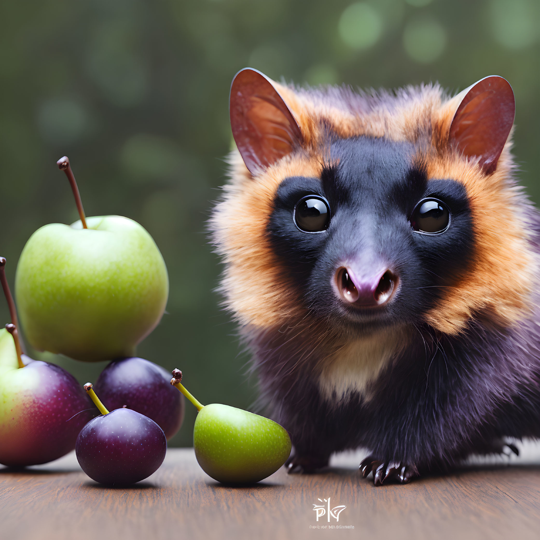 Unusual animal with big eyes among ripe fruits on wood