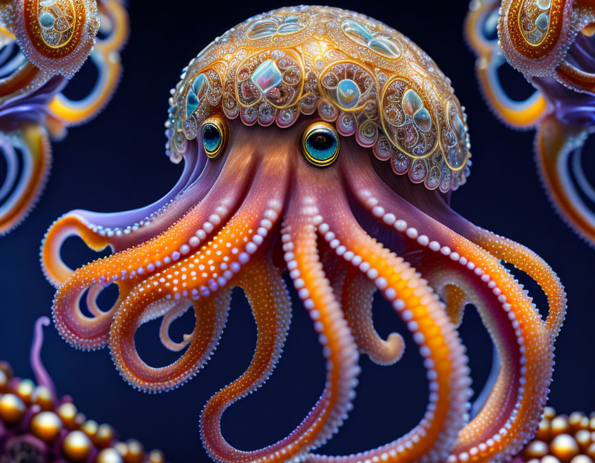 Colorful Ornate Octopus with Jewel-Like Textures on Dark Blue Background