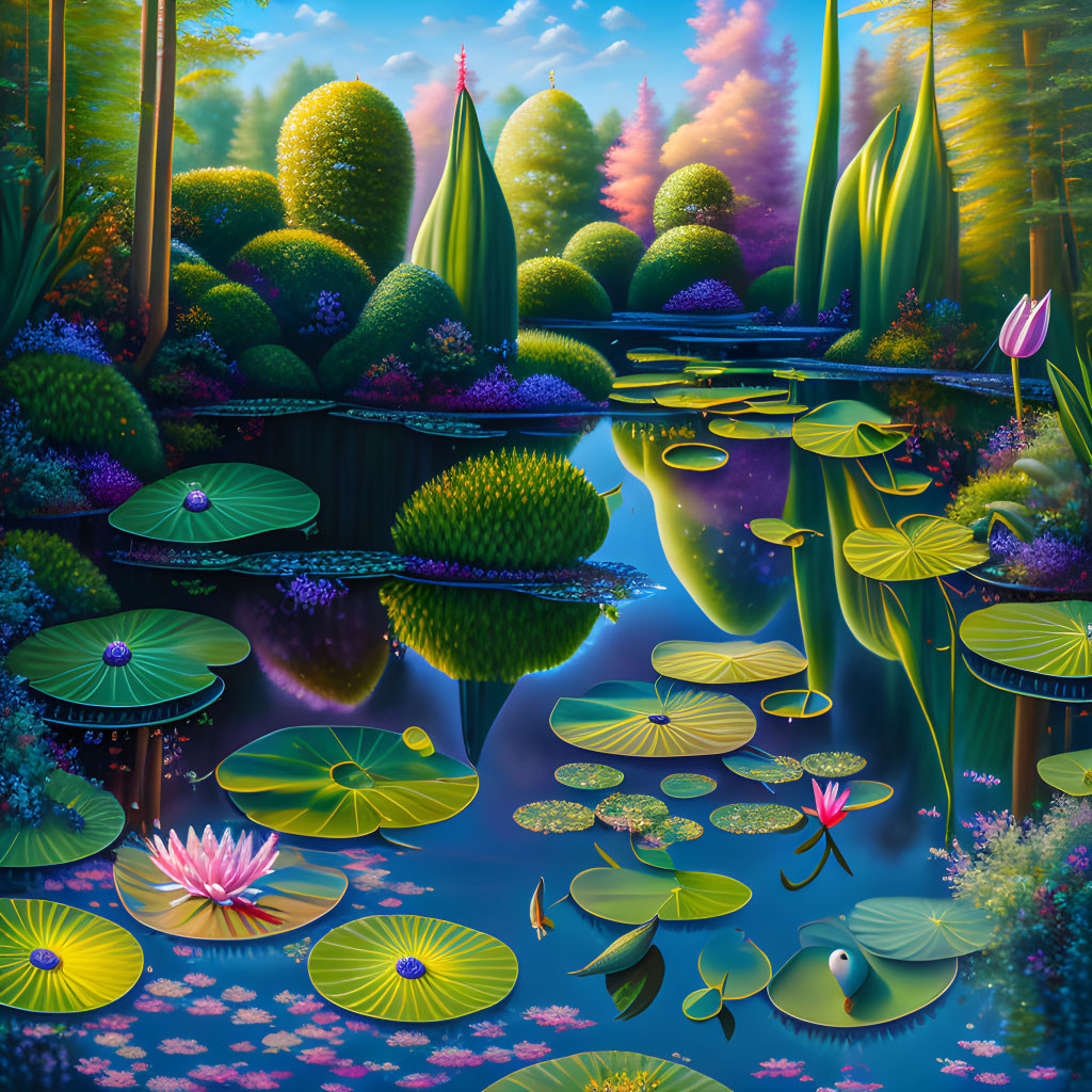 Digital Art: Tranquil Pond with Lily Pads and Lush Greenery