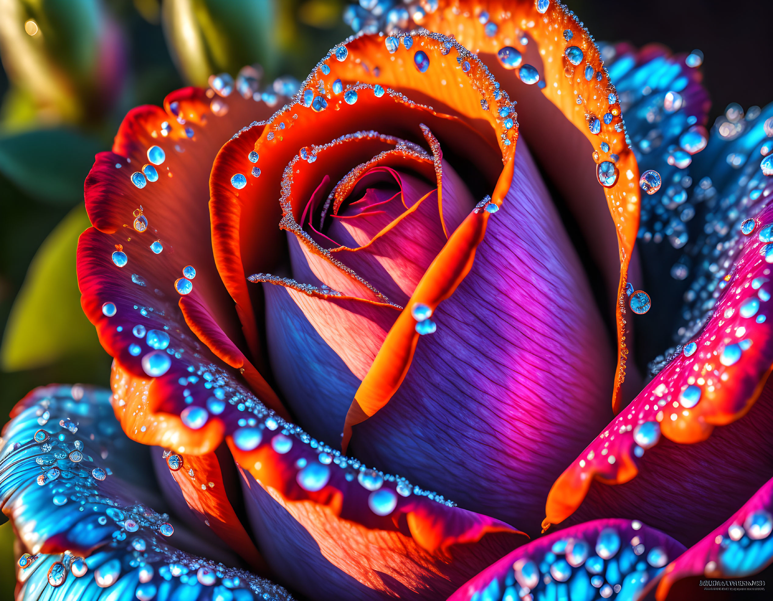 Detailed Close-Up of Multi-Colored Rose with Water Droplets