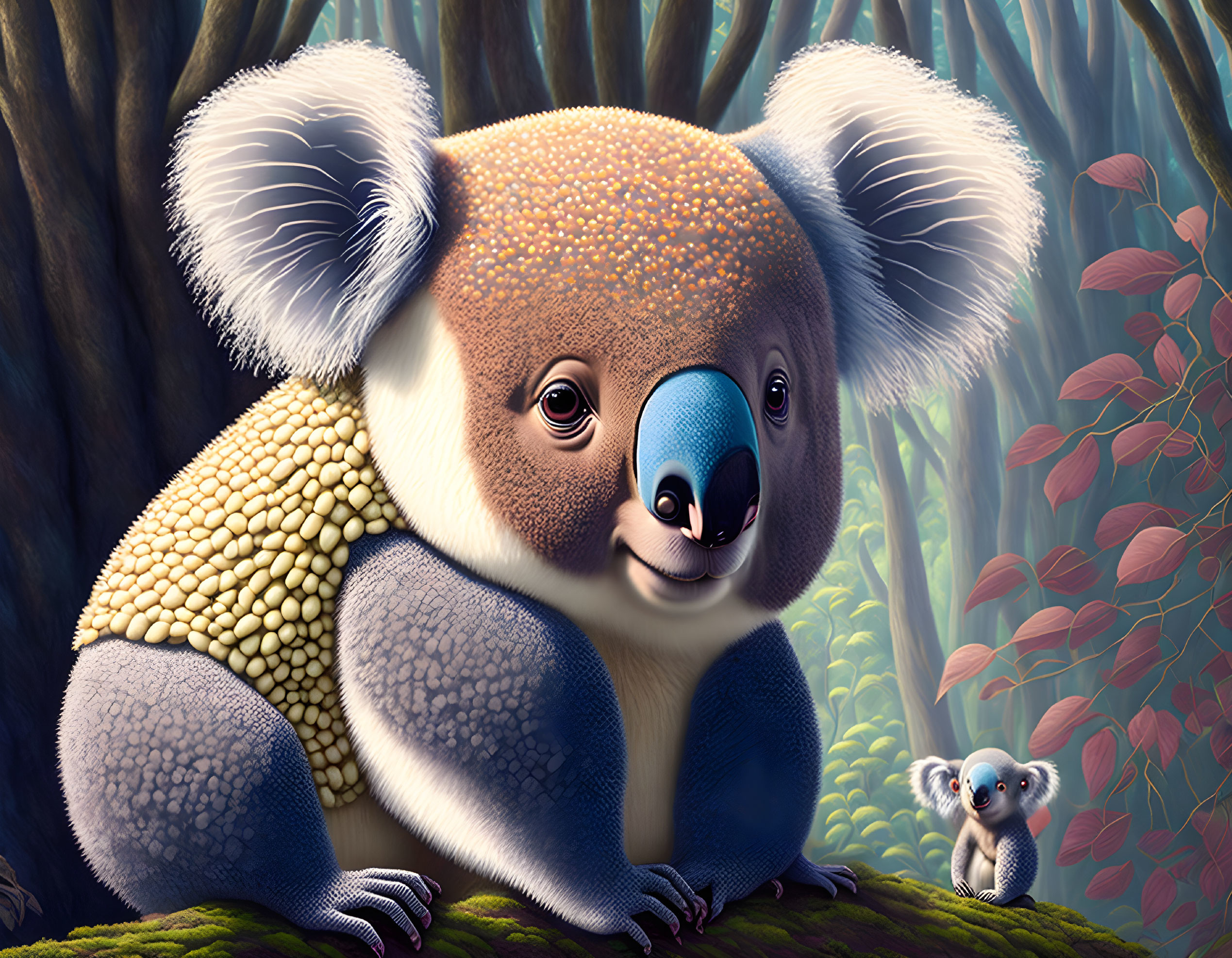 Stylized illustration of koala and baby in forest