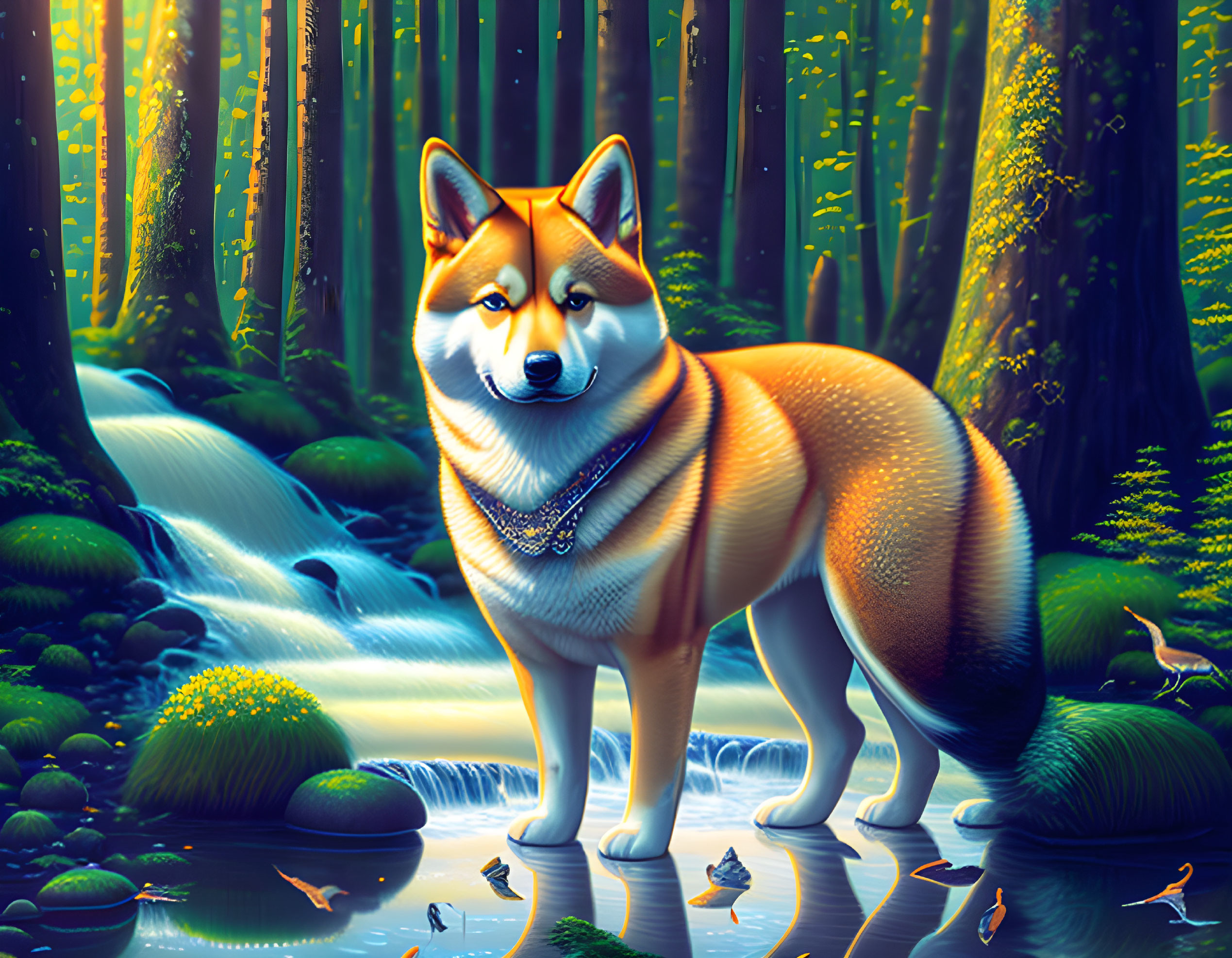 Colorful Shiba Inu dog in mystical forest with glowing moss and waterfall