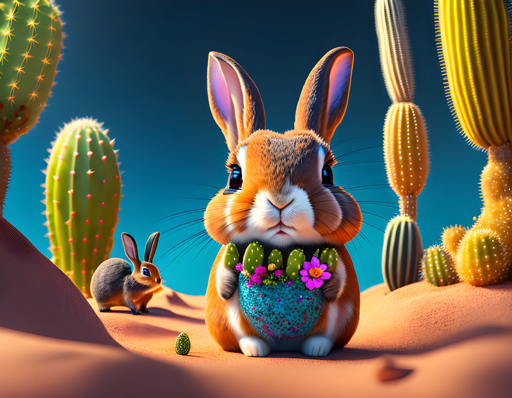 Two rabbits in desert landscape under twilight sky