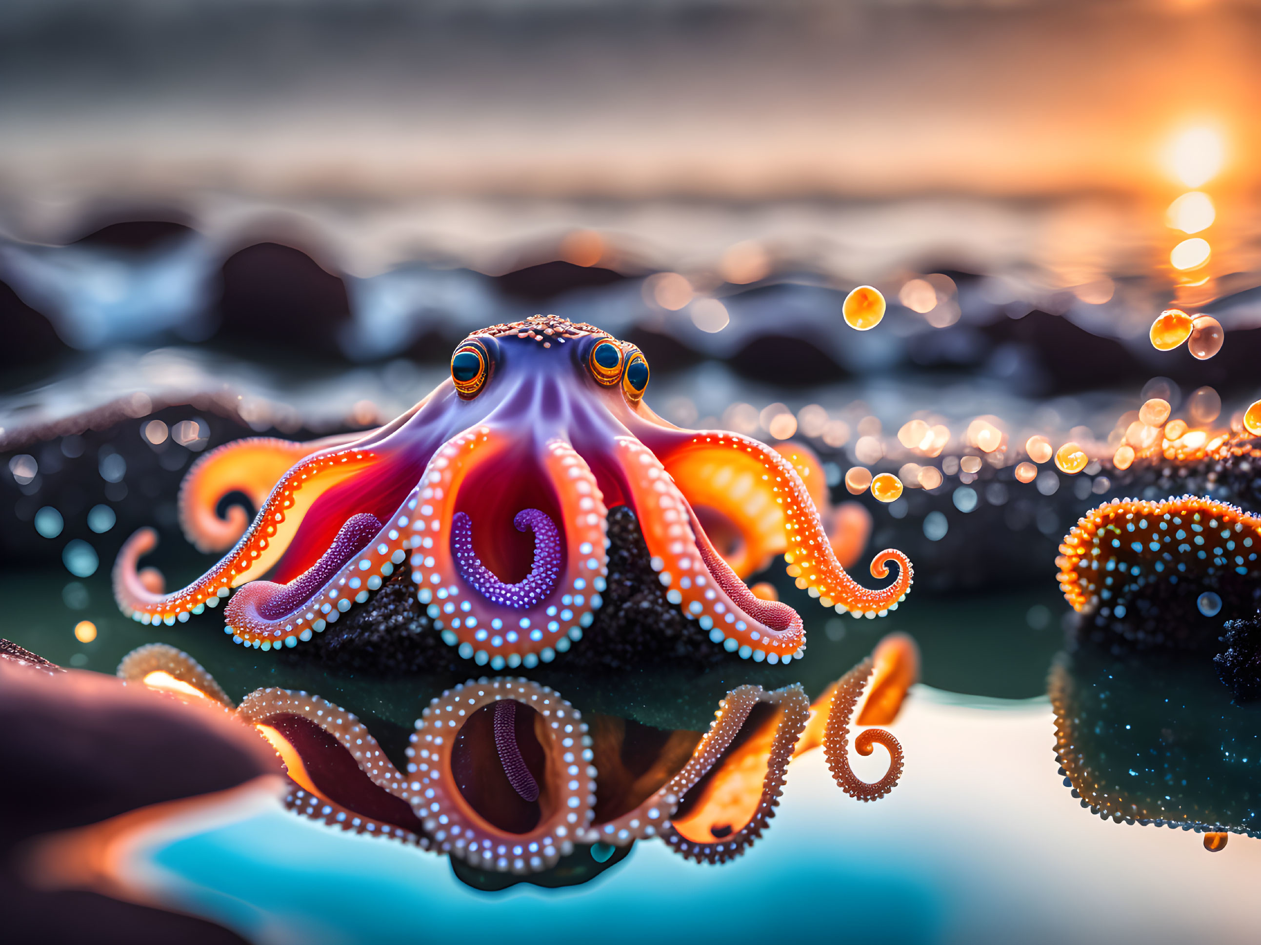 Colorful Octopus on Sunset Rocks with Water Reflection and Bokeh Lights