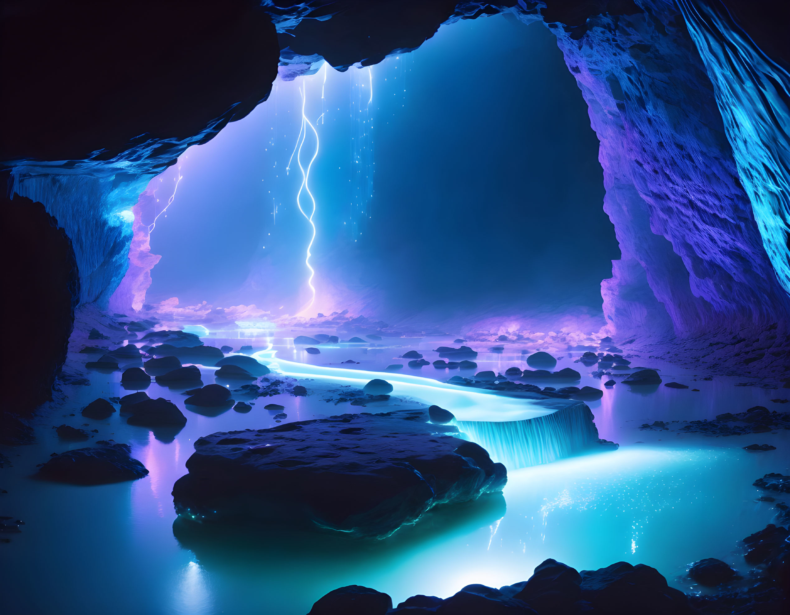 Neon-blue cave with glowing river, waterfall, and ethereal lightning