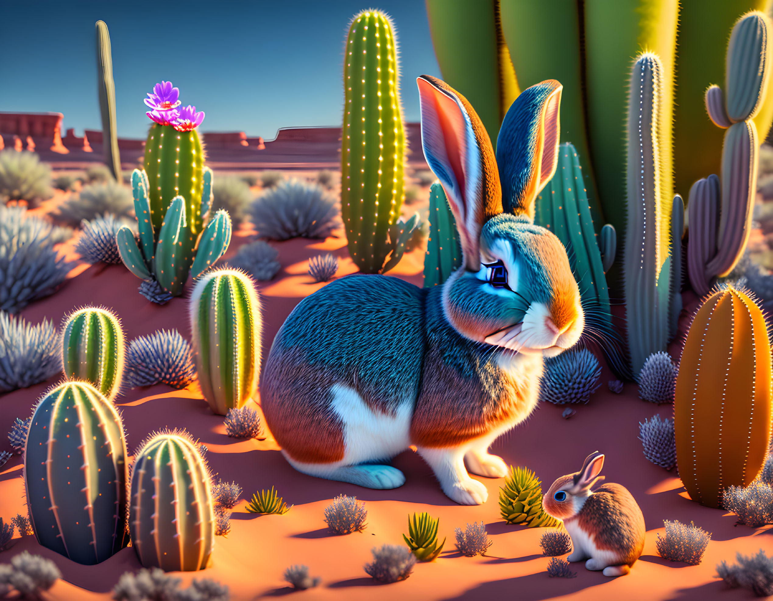 Colorful illustration of large and small rabbits in desert with cacti