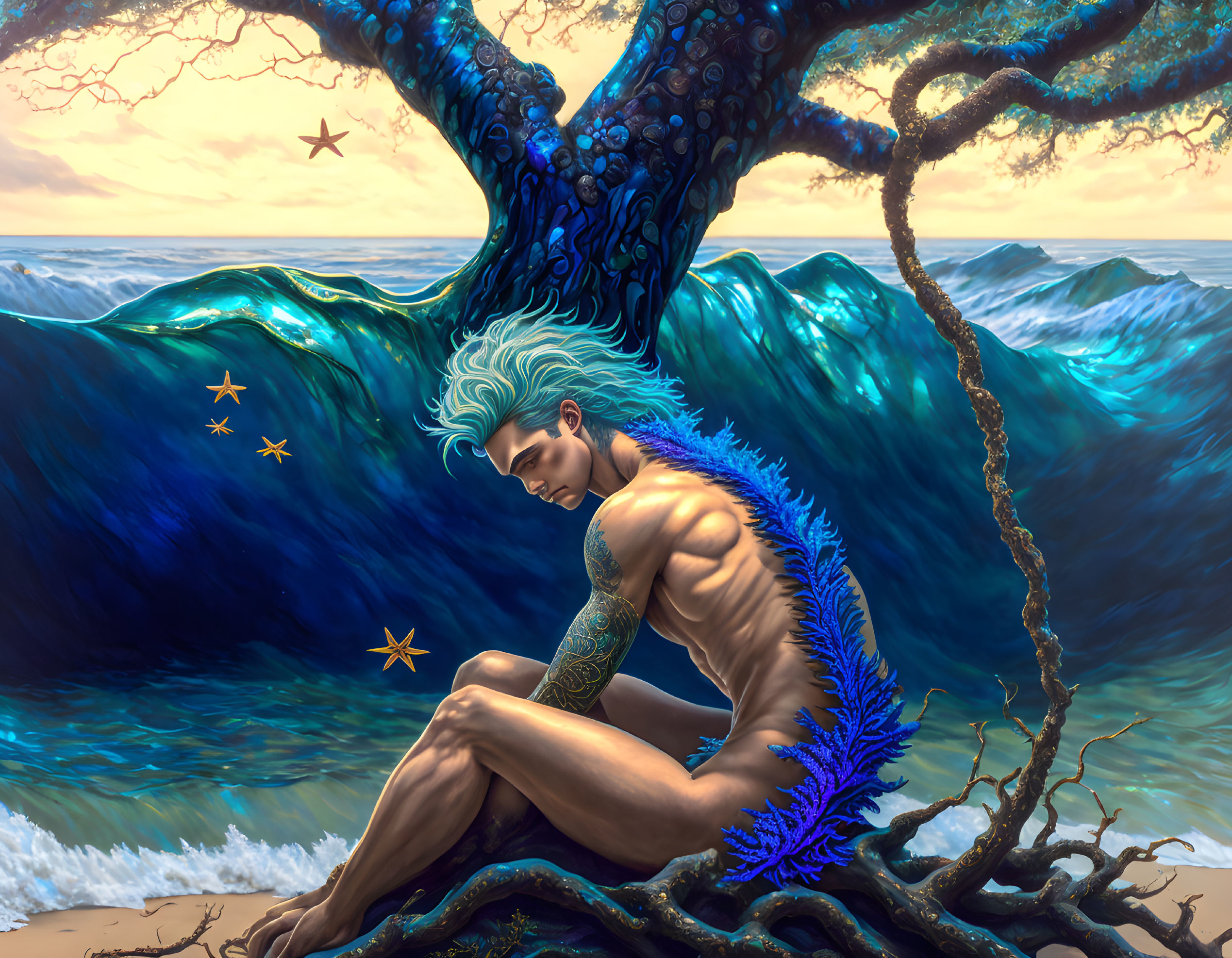 Blue-haired male figure with tattoos and feathered wing under mystical tree by ocean with starfish branches