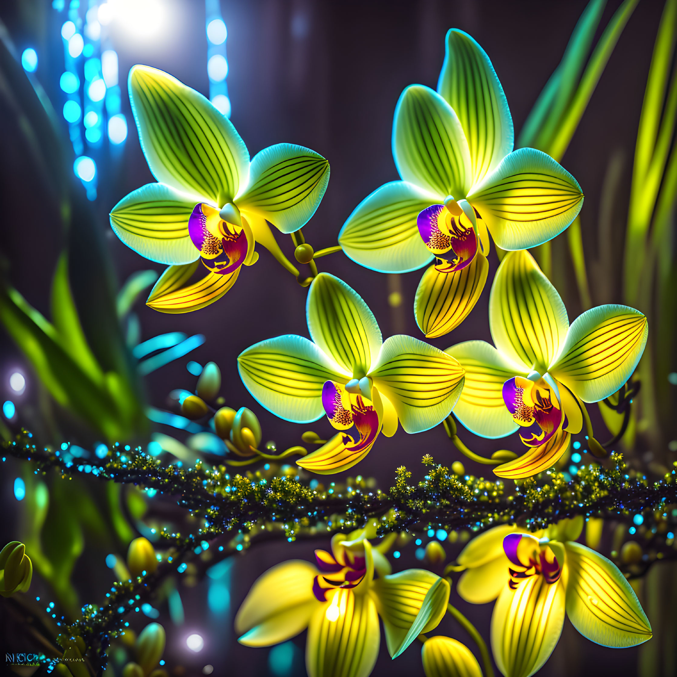 Colorful Orchids with Purple Centers on Dark Background and Soft Blue Lights